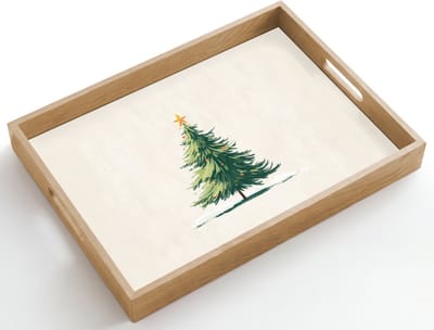 Dienblad hout 50x35 cm - Schootdienblad - Kerstboom - Illustratie - Ster - Sneeuw - Borrelplank rechthoek - Plateau dienbladen