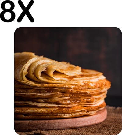 Luxe Placemat - Stapel Pannekoeken met Donkere Achtergrond - Set van 8 Placemats - 50x50 cm - 2 mm dik Vinyl - Anti Slip - Afneembaar