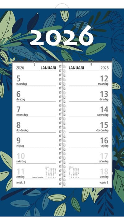MGPcards - Omlegweekkalender 2026 - Week begint op maandag - 21 x 34 cm - Bladeren - Donker blauw