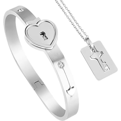 Hart Armband Ketting Set Sieraden Roestvrij Stalen Sleutel Hanger Ketting Vrouwen Mannen Minnaar Koppels Valentijnsdag Cadeau zilver
