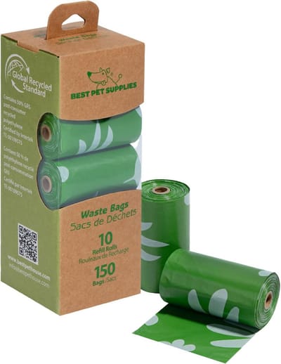 Best Pet Supplies Poop Bags for Dogs, 50% Post-Consumer Recycled Content dog waste bags on rolls, fits all poop bag holders for leashes - 150 Count, Green, Unscented