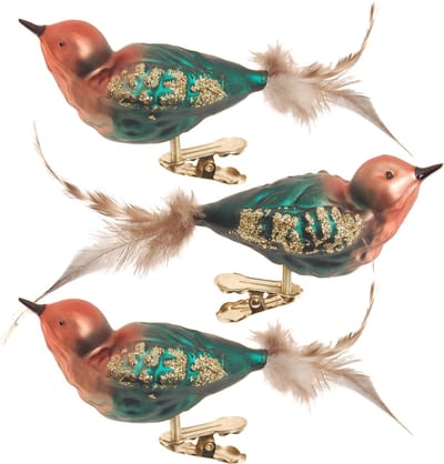 Krebs Decoratie vogels - 3x - groen/blauw - 11 cm - op clip - glas - kerstboomversiering