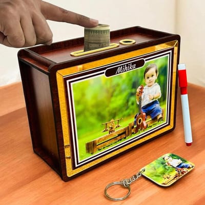 Houten Fotospaarpot - Geld Spaarbank - Spaaruitdagingen Vieren - Gladde Houtafwerking - 30 x 18.5 cm - Bruin Goud