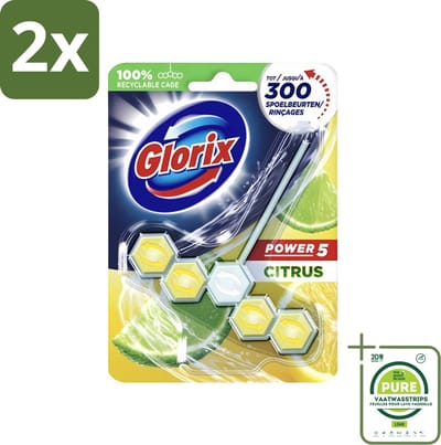 Glorix - Toiletblok - Power 5 - Lemon - Citroenfris & Hygiënisch - 55 g - Voordeelverpakking - 2 stuks - Toiletblok - Citroengeur