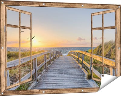 Gards Tuinposter Doorkijk Voetpad met Zee en Vogels - 120x80 cm - Tuindoek - Tuindecoratie - Wanddecoratie buiten - Tuinschilderij