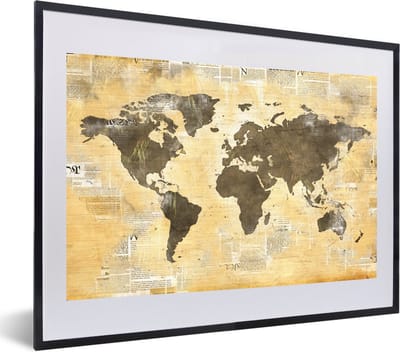 Poster in lijst - Fotolijst 60x40 cm - Posters - Wereldkaart - Krant - Gouden - Posterlijst zwart - Decoratie - Wanddecoratie woonkamer - Muurdecoratie slaapkamer