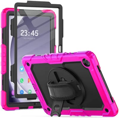Hoes met ingebouwde Screenprotector Geschikt voor Samsung Galaxy Tab A9 Plus | Inclusief 360° Draaibare Handriem en Schouderriem | Extreme bescherming | Ideaal voor zakelijk gebruik | Roze