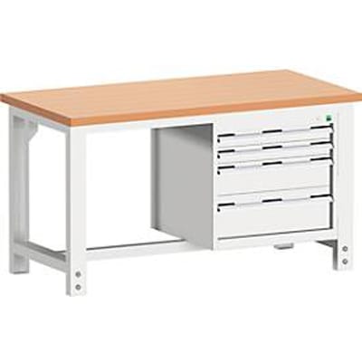 Bott cubio werkbank, handmatig in hoogte verstelbaar, koper beukenhout, B 1500 x D 750 x H 740-1140 mm, lichtgrijs RAL 7035, 1200 kg draagvermogen