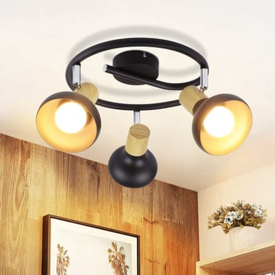 NETTLIFE Opbouwspot - E14 Fitting - 3-Lichts - zwart - rond - L 25cm - met Hout ontwerp - Metaal - Moderne Plafondlamp - 350° draaibar Plafondspot - voor Keuken | Hal | Woonkamer - Zonder lamp