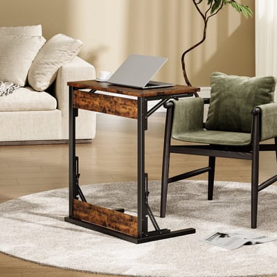 DESMIU C-Tafel - Opklapbare Bijzettafel Met Verstelbare Poten - Voor Woonkamer, Slaapkamer En Bureau - Houtlook En Metaal - 60x37x71 Cm - Rustiek Bruin