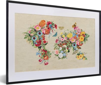 Poster in lijst - Fotolijst 60x40 cm - Posters - Wereldkaart - Bloemen - Craft papier - Posterlijst zwart - Decoratie - Wanddecoratie woonkamer - Muurdecoratie slaapkamer