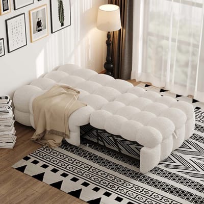 Pugsdrly Gestoffeerd bed, 2-in-1 poef, uitschuifbare slaapbank, eenpersoonsbed, zacht bed, Teddy-stof, beige