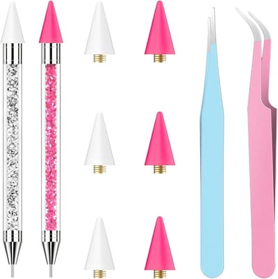 Strasssteen Picker Set - Nagel Decoratie Tools - Nauwkeurig Aanbrengen - Dubbelzijdig Ontwerp - 2 Pincetten 6 Tips - Roze Wit
