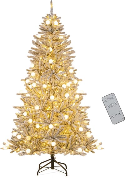 COSTWAY Kunstkerstboom van 180 cm met verlichting en sneeuw, dennenboom met 250 warmwitte ledlampen, 51 kogellampen, afstandsbediening en timer, kerstboom voor thuis
