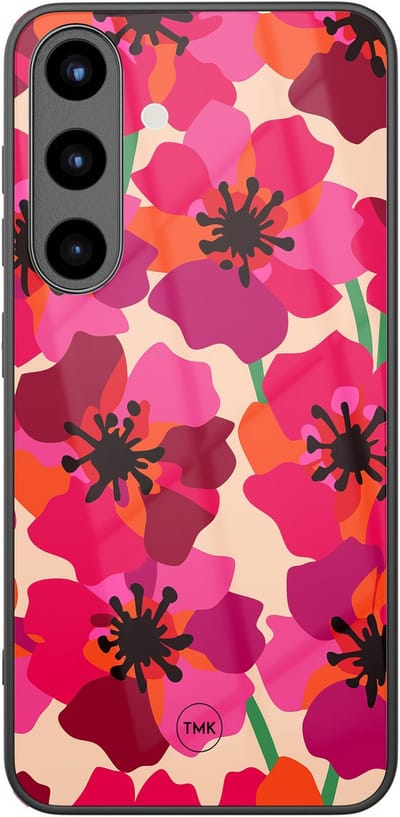 Hoesje geschikt voor Samsung Galaxy S25 - Pink floral bliss - Roze - TPU luxe case (glossy toplaag) - Bloemen - Hardcase backcover zwart