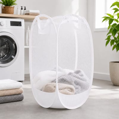 HEM Pop-up Wasmand 64 Liter – Opvouwbare Laundry Basket – Inklapbare Wasbox met Mesh – Wit – Inclusief HEM Microvezeldoekje