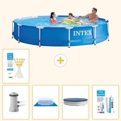 Intex Rond Frame Zwembad - 366 x 76 cm - Blauw - Inclusief Pomp - Grondzeil - Afdekzeil - Reparatiesetje - Testrips - 6-delig