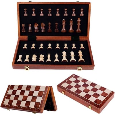 Houten Schaakset - Spelbord Opbergruimte - Familie Spel - Opvouwbaar Ontwerp - 39 cm - Houtkleur