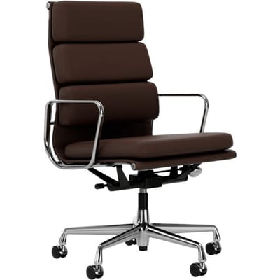 Vitra - Soft Pad Chair - EA 219 - verchroomd - Leder/Plano - kastanje/bruin - Wieltjes voor harde bodems