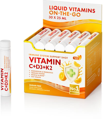 Vitamine C + D3 + K2 Booster Shots - Swedish Nutra - Vloeibaar Vegan Supplement - Weerstand & Energie - 30 Shots