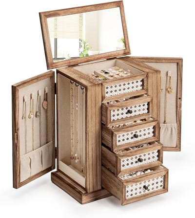 Grote sieradendoos van hout met spiegel en 5 niveaus voor ringen, oorbellen, halskettingen en armbanden