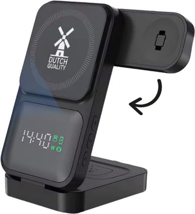 Dutch Quality® 3-in-1 Draadloze oplader (15W Snellader) met digitale klok – Met 1 meter USB-C kabel – Oplaadstation – Geschikt voor smartphones, Apple Watch en AirPods en Android - zonder adapter