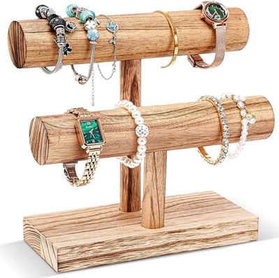 Twee Laags Houten T-Vormige Armbandhouder - Verplaatsbare Sieradenstandaard voor Armbanden, Horloges en Haaraccessoires - Vintage Armbandstandaard