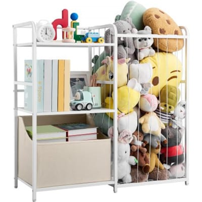 VEVOR Kinderboekenkast met speelgoedopbergruimte, 2-laags boekenkast met stoffen speelgoedkist, kinderplank, kinderkamerplank, wit, geschikt voor woonkamer, hal, kleuterschool