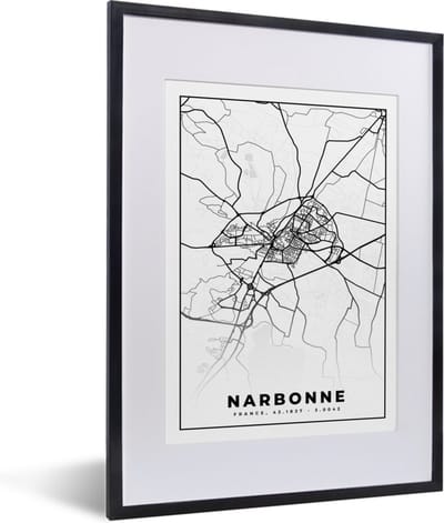 Fotolijst incl. Poster Zwart Wit- Plattegrond - Narbonne - Kaart - Frankrijk - Stadskaart - Zwart wit - 30x40 cm - Posterlijst