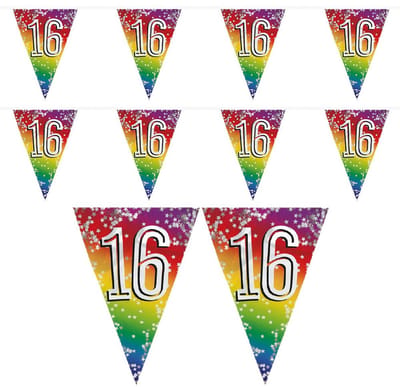 Vlaggenlijn 16 jaar versiering - 2x - vlaggetjes slinger - 6 meter - Glitter folie - Binnen/buiten gebruik - leeftijd - verjaardag