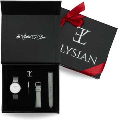 Elysian - Horloge Geschenkset Vrouwen - Zilveren mesh horloge geschenkdoos met leren horlogebandje - Roestvrij Staal - Cadeau Voor Vrouw