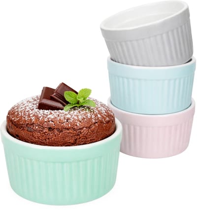 Emilia Set van 4 soufflé vormpjes, 125 ml, Ø 8,8 cm, elk 1 x roze, turquoise-blauw, lichtblauw en grijs, porseleinen mini-bakvormen, rond, voor crème brûlée, cupcakes, kleine ovenschotels en