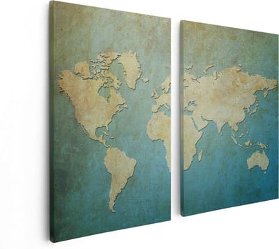 Artaza Canvas Schilderij Tweeluik Oude Wereldkaart  - 80x60 - Foto Op Canvas - Canvas Print