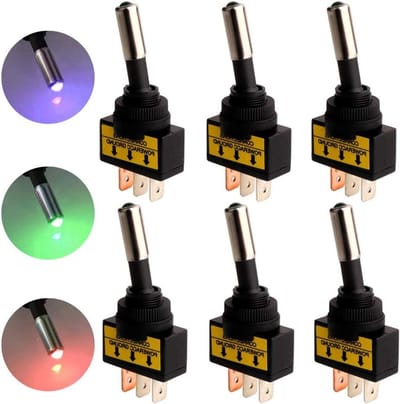 Dailygoody - Tuimelschakelaar - 12V-24V - 3 Pinnen - LED-Licht - Auto/Motorfiets - Rood/Blauw/Groen - 6 Stuks