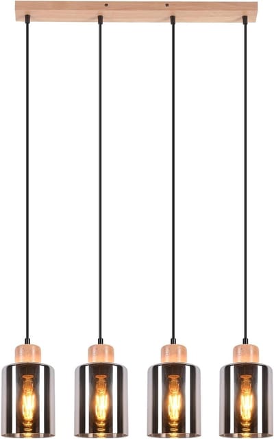 Glitzerlife - Hanglampen - Retro Industriële Stijl - 4xE27 - Hoogteverstelbaar - Glas en Hout - Ø60cm - Rookgrijs - Hanglampen Eetkamer Industrieel Verstelbaar - Geschikt voor Keuken Woonkamer