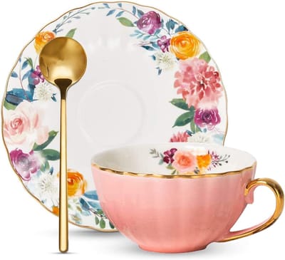 Theekop en Schotel - Porseleinen Mok - Thee Drinken - Inclusief Lepel - 227 ml - Goud Roze