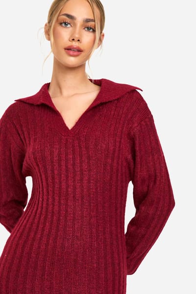 boohoo Dames Soft Knit Thick Rib Collar Detail Midaxi Dress | Berry | Maat: Small