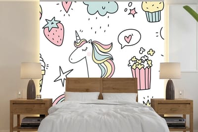Behang kinderen - Wanddecoratie kinderen - Eenhoorn - Regenboog - Meisjes - Kinderkamer decoratie - 240x240 cm - Kinderbehang