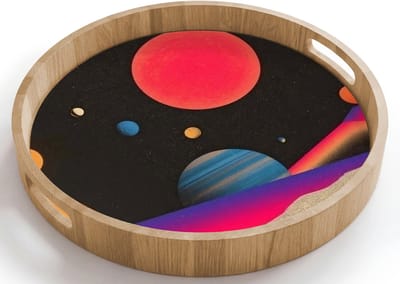 Dienblad rond 40x40 cm - Schootdienblad hout - Hemel - Planeten - Felgekleurd - Borrelplank rechthoek - Plateau houten dienbladen