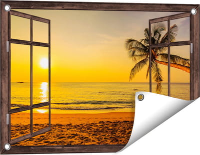 Gards Tuinposter Doorkijk Tropisch Strand tijdens Zonsondergang - 60x40 cm - Tuindoek - Tuindecoratie - Wanddecoratie buiten - Tuinschilderij