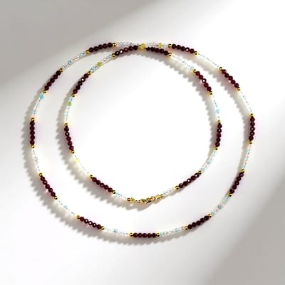 Cavill - 925 Sterling Zilver Halsketting - 21,35 ct Nigeriaanse Beril & 36,61 ct Mozambique Granaat - Elegante Gelaagde Edelstenen - 80 cm Ketting