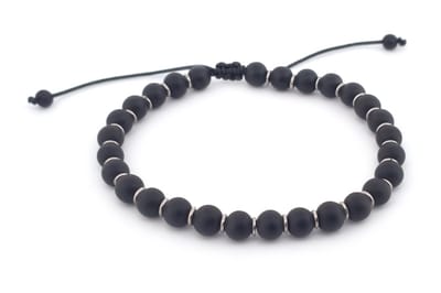 Herenarmband - 6mm zwarte matte natuursteen kralen - stalen ringetjes - op nylondraad met schuifknoop - 19cm
