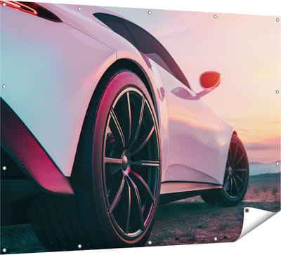 Gards Tuinposter Witte Sportwagen Auto - 160x120 cm - Tuindoek - Tuindecoratie - Wanddecoratie buiten - Tuinschilderij