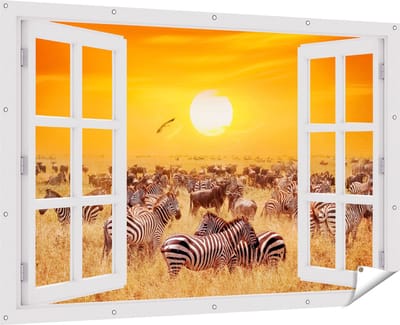 Gards Tuinposter Doorkijk Kudde Zebra's bij een Oranje Zonsondergang - 180x120 cm - Tuindoek - Tuindecoratie - Wanddecoratie buiten - Tuinschilderij