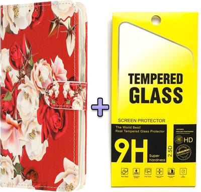 Casemania Hoesje Geschikt voor Oppo A16 & A16S met Roses Print & Glazen Screenprotector - Portemonnee Book Case - Kaarthouder & Magneetlipje