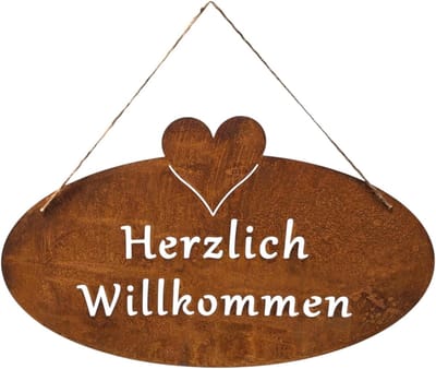 Welkomstbord Hartje - Decoratief Bord - Entree Decoratie - Patina Metaal - 40 x 26.5 cm - Roestbruin