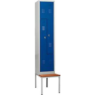 Kledinglocker, 2 compartimenten, met zitbank, 2 vakken, z-deuren, draaigrendelslot, lichtgrijs/gentiaanblauw
