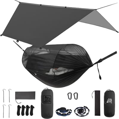 Campinghangmat met net - Dubbele hangmat - Outdoor ontspanning - Ruim muggennet - 3 x 1.8 meter - Zwart