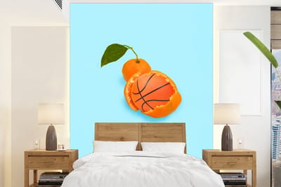 Foto behang - 165x220 cm - Basketbal - Sinaasappel - Fruit - Oranje - Blad - Fotobehang - Behang