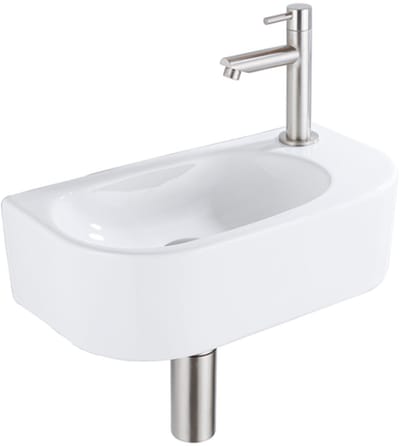 QeramiQ Fuente Fonteinset - 40x21.5x12cm - rechts - glad - halfrond - 1 kraangat - keramiek - fonteinkraan geborsteld rvs - afvoerplug - verlaagd sifon - wit glans